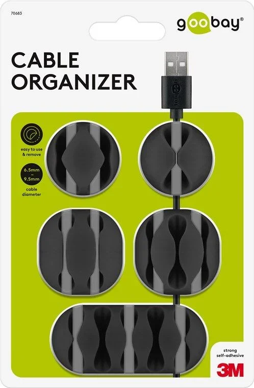 Goobay 70683 organizador de cables Escritorio/pared Clip para cable Negro 5 pieza(s)