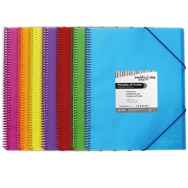 Grafoplás | Carpeta Espiral con 50 Fundas Transparentes A4 | Color Azul | Espiral PVC | Tapas Polipropileno | Gomas de Cierre | Maxiplás Multiline