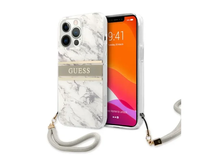 GUESS GUHCP13LKMABGR – Funda para iPhone 13 Pro / 13 de 6.1 Pulgadas, colección de Correas de mármol Gris