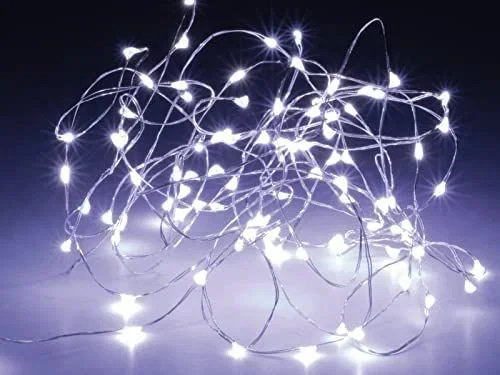 Guirnalda a pilas fija 40 leds cable alambre plateado luz blanco frio 2,20m