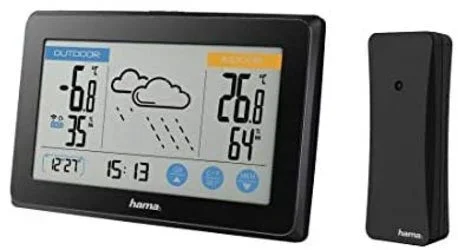 Hama | Estación meteorológica para Interior y Exterior, con Radio, Previsión meteorológica con símbolos, 3 sensores táctiles, Elegir Entre °C y/o °F. Color Negro.