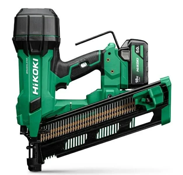HiKOKI Clavadora de tiras de batería de 21° – 18 V, 50-90 mm, potente luz LED, motor sin escobillas, accionamiento por resorte neumático, ajuste de profundidad sin herramientas, incluye 2 baterías de