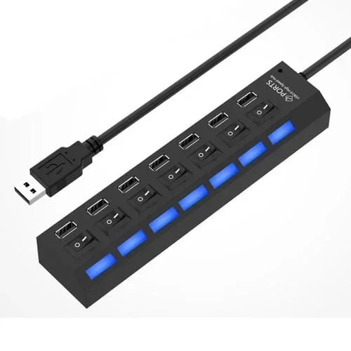 Hub USB 2.0 de 7 Puertos con Splitter, Alta Velocidad 480 Mbps, Interruptor Encendido/Apagado y 7 Leds (Negro)