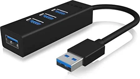ICY BOX Hub USB 3.0 de 4 Puertos con conexión USB 3.0, Cable Integrado, Aluminio, Color Negro