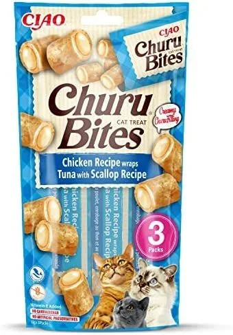 INABA Churu Bites – Cat Treats to Feed from The Hand – Crunchy Pockets with Creamy Filling… (Scallop, 3 Packs)