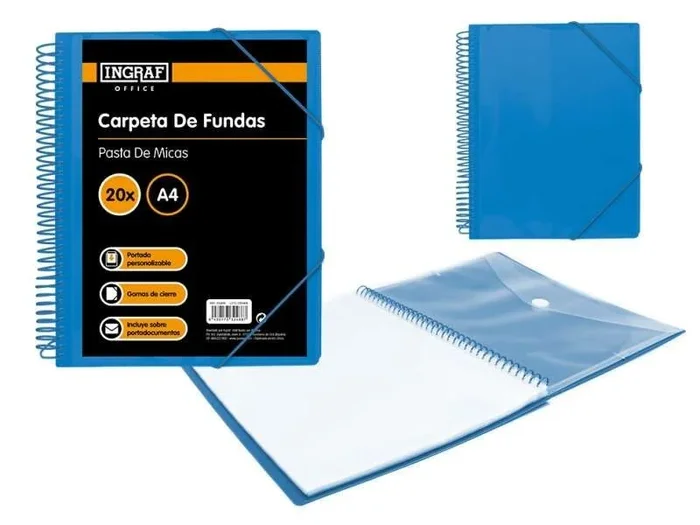 Ingraf carpeta 20 fundas a4 + sobre con broche – espiral plastica indeformable – apertura 360 grados – portada personalizable – color azul