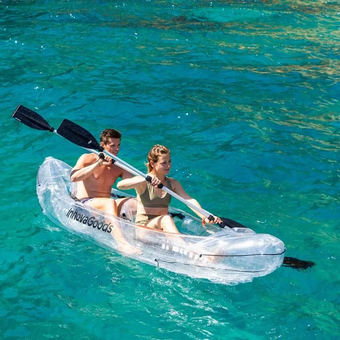 InnovaGoods® Kayak Hinchable 2 plazas, Kayak Hinchable Transparente 312Cm, Kayak Hinchable con 3 cámaras de Aire, 2 Asas de Transporte, 2 remos Desmontables, 2 Asientos hinchables, hinchador Manual.