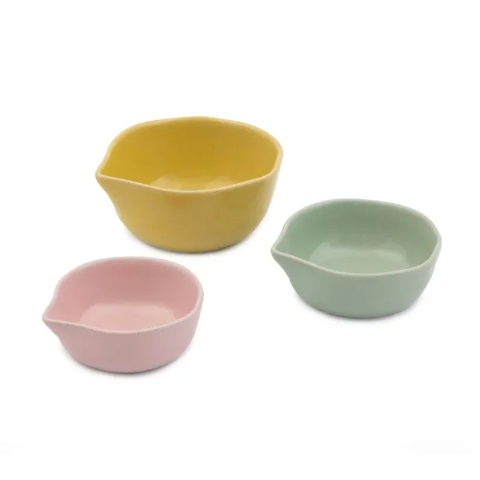 Jamie Oliver Big Love Pinch-Me Pots, cuencos pequeños de gres moteado, tazas medidoras, 1, ½, ¼ tazas, lavavajillas, microondas, apto para horno, multicolor, juego de 3, 11 x 10 x 5 cm