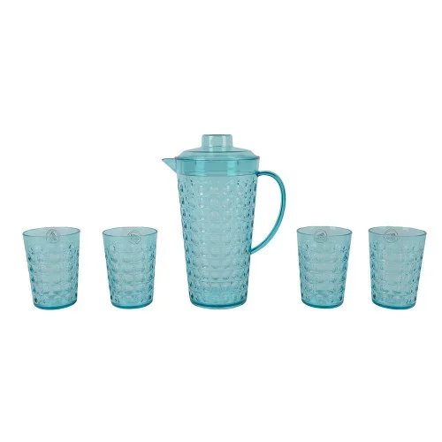 Jarra con 4 vasos, color azul, diseño bolas
