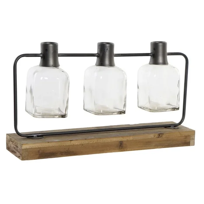 Jarrón dkd home decor negro natural metal cristal madera de paulonia 49 x 11 x 27 cm (3 piezas)