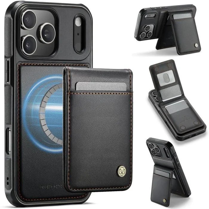 JEEHOOD J06 – Funda de PU con tarjetero RFID MagSafe estilo británico para iPhone 17 Pro (negra)