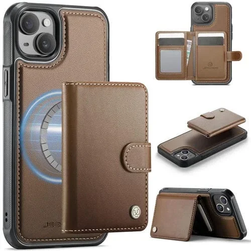 JEEHOOD J09 – Funda de cuero con hebilla para iPhone 15 Plus/14 Plus, estilo magnético, RFID, MagSafe (marrón)