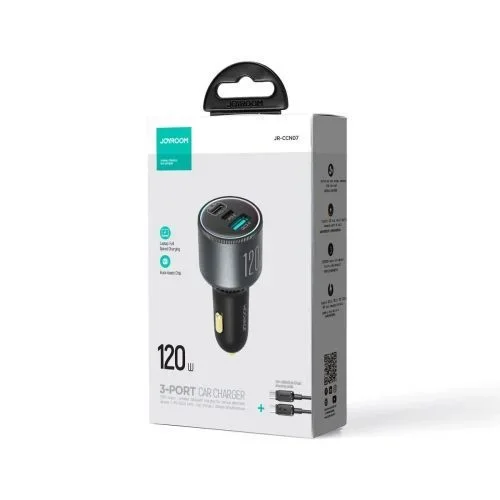 Joyroom car charger c+c+u, 100w, with type-c to type-c 100w cable (1,20m) black (jr-ccn07)