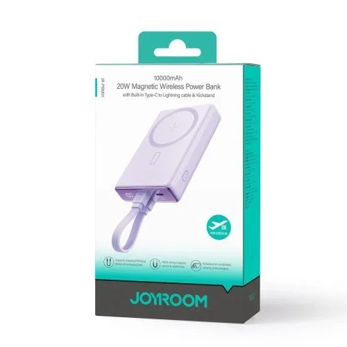 Joyroom power bank magnetic wireless charging, magsafe 15w, c+lightning. pd 20w, 10000 mah with type-c – lightning cable, purple (jr-pbm01)