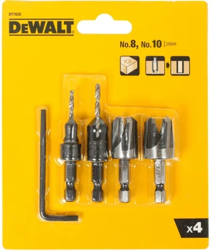 Juego de 4 brocas avellanadoras DeWalt DT7620-QZ, ideales para perforaciones limpias y precisas en madera y tableros, incluye brocas piloto de 8 y 10 mm, accesorios para carpintería.