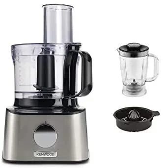 Kenwood MultiPro Compact FDM301 – Procesador de Alimentos y Blender con 8 Accesorios, Cuchillas de Acero Inoxidable, Potencia 800 W, Capacidad 2.1 litros, 2 Velocidades, Negro/Plata