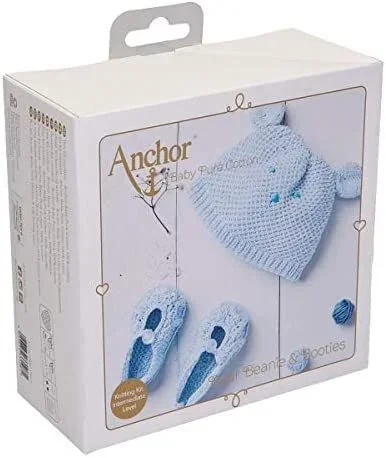 Kit de punto para bebé de algodón puro Amigurumi Beanie con orejas de oso y botines, color azul