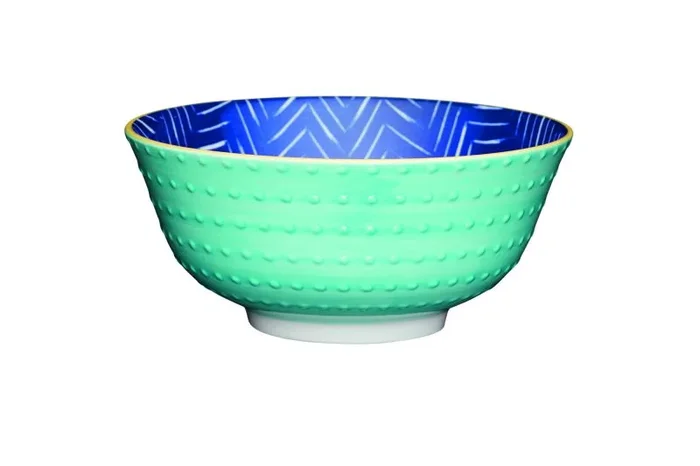 KitchenCraft Cuencos con patrones Zig Zag en Relieve, cerámica, azul/verde, 15,5cm, Set de 4
