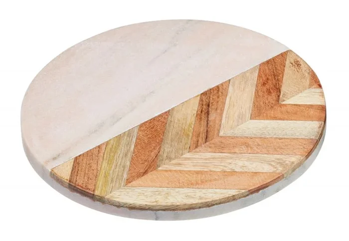 KitchenCraft Serenity – Tabla de Madera Redonda, Protector de Encimera, Madera de Mango/Mármol, Color Rosa/Madera, 20 cm