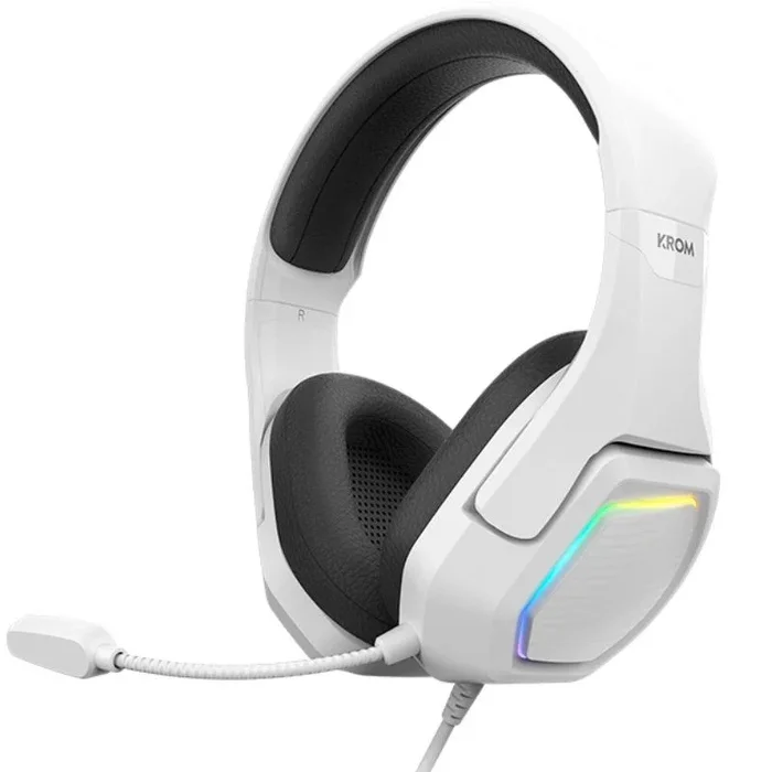 KROM KOPA 7.1 – Auriculares 50mm con Sonido 7.1 Virtual, Iluminación RGB Rainbow, Control Volumen y micrófono Integrado, Diadema Ajustable y Ligera, conexión USB, Blanco