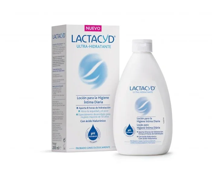 Lactacyd Ultra Hidrante 200ml con pantenol y ácido hialurónico. Alivia la sequedad y el picor. Especialmente desarrollado para mujer +50 años