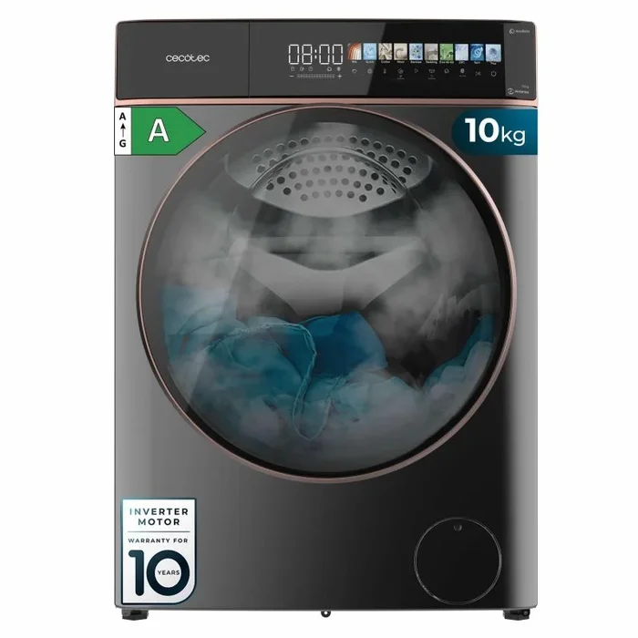 Lavadora autodosis de carga frontal steel de 10 kg de capacidad y 1400 rpm, pantalla fullcolor 10,3″, 16 programas, motor inverter plus, steammax, clase a, spa care, onsmart, fuzzy logic, smooth wash.