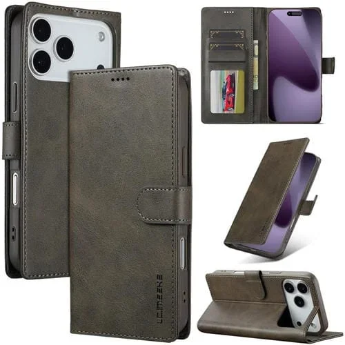 LC.IMEEKE Funda de piel con textura de becerro y tapa horizontal para iPhone 17 Pro (gris)