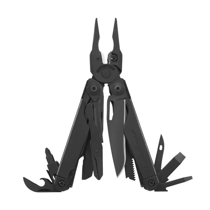 Leatherman Surge, multiherramienta resistente para mecánica y construcción, 19 funciones, acero inoxidable, color óxido negro, 420HC, Blade Exchanger, funda nylon negro.