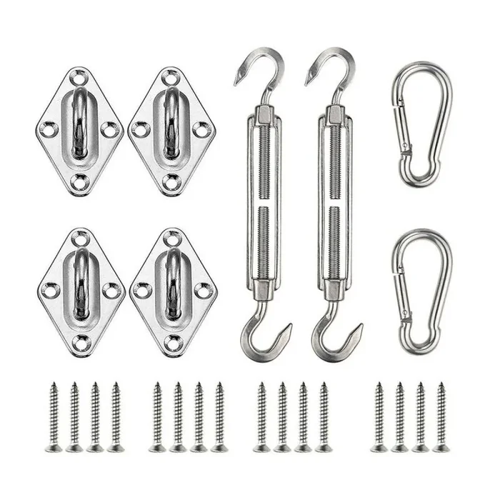 LOLAhome Kit de fijación de Toldo Vela de sombreo | 24 Piezas de Acero Inoxidable | Resistente y Duradero | Mosquetones, tensores y enganches fijos | para toldo Vela Cuadrado, Rectangular, Triangular