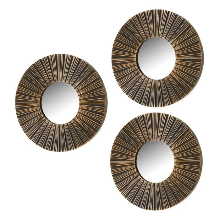 LOLAhome Set de 3 Espejos de Pared Redondos, Espejos de Rayas con moldura de plástico Dorados| Decoracion Pared, Decoración Espejo Redondo para casa, Dormitorio, salón
