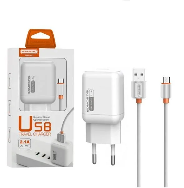Main charger 2a + cable type micro white somostel 2100mah usb-c sms-a52