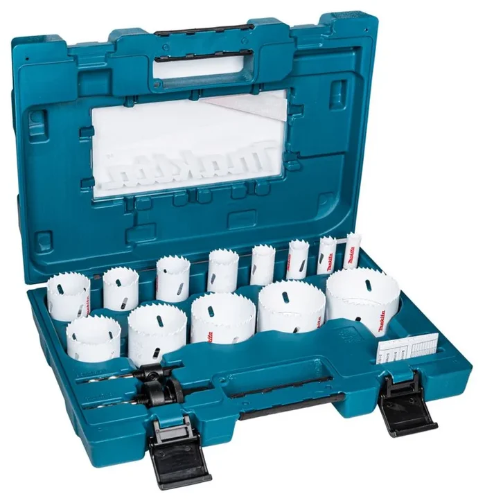Makita Set de Sierras de Corona D-63993 (16 piezas), herramienta profesional para perforaciones en aluminio, plástico, acero y madera, alta resistencia, compatibilidad con múltiples dispositivos.