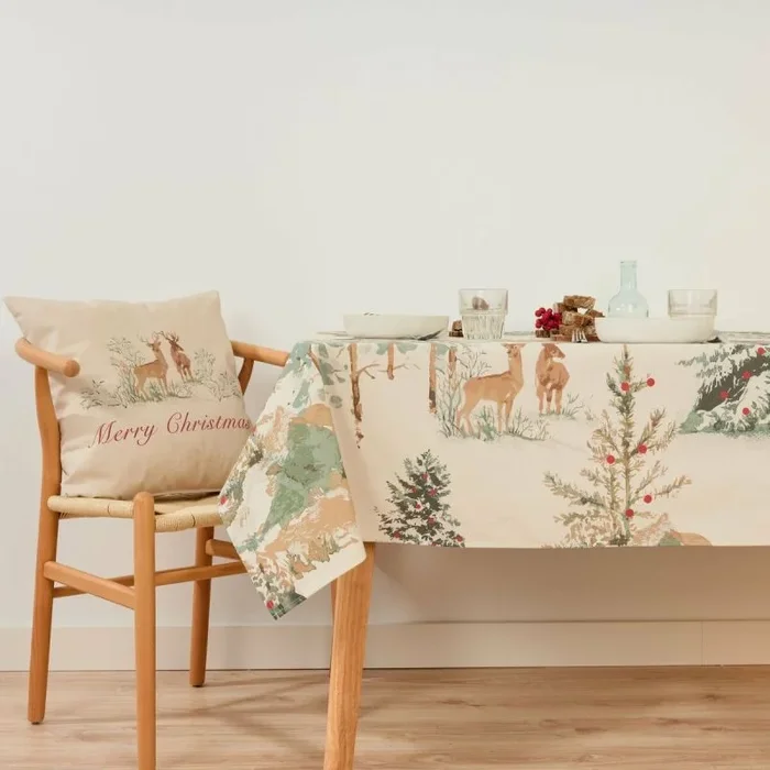 Mantel resinado antimanchas belum christmas deer marrón rojo verde lino 100 x 150 cm