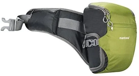 Mantona elementsPro 10 verde, Bolsa para cámara de exterior con cinturón lumbar, acolchado transpirable y funda impermeable – compacto y ligero – para DSLR o cámara de sistema con accesorios