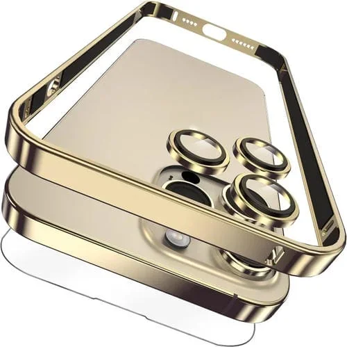 Marco de Metal Ultrafino 3 en 1 para iPhone 14 Pro Max + Lente + Juego de Protección con Película (Oro)