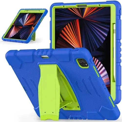 Marco de Pantalla para iPad Pro 12.9 2022/2021 Protección 3 Capas PC Funda Silicona Soporte (Azul + Lima)
