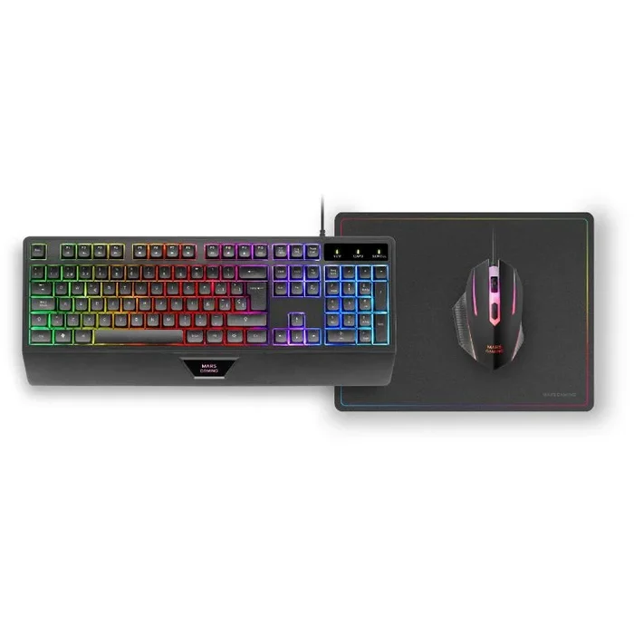Mars Gaming MCP124, Combo Gaming 3en1, Teclado Ergonómico H-Mech LED RGB, Ratón RGB 3200DPI Switches HUANO, Alfombrilla Nanotextil 360x260mm, Compatibilidad Multiplataforma, Layout Español, Negro