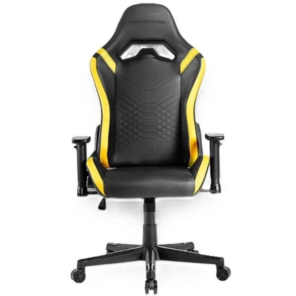 Mars Gaming MGC-Pro, Silla Gaming Profesional, Acabado Cuero PU, Reposabrazos 2D y Respaldo Reclinable 135°, Cojines Lumbar y Cervical Soft-Touch, Ruedas XL y Pistón Gas Clase 4, Amarillo