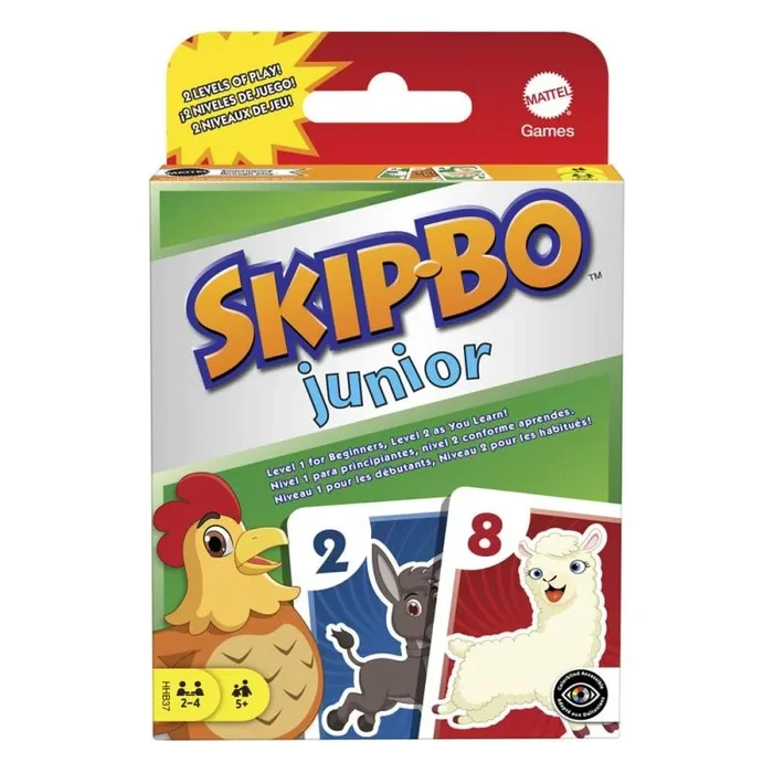 Mattel Games Juego de cartas Skip-Bo Junior, juego de mesa con 2 niveles de juego con cartas con números y animales, +5 años (HHB37)