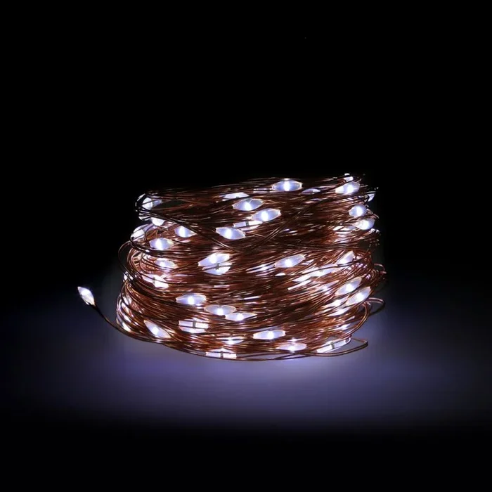 MAURER Luces Navidad 100 Microleds Blanco Frio, Cable Color Cobre Funcionamiento A Bateria (3 AA No incluidas) o Con Cable USB. IP44