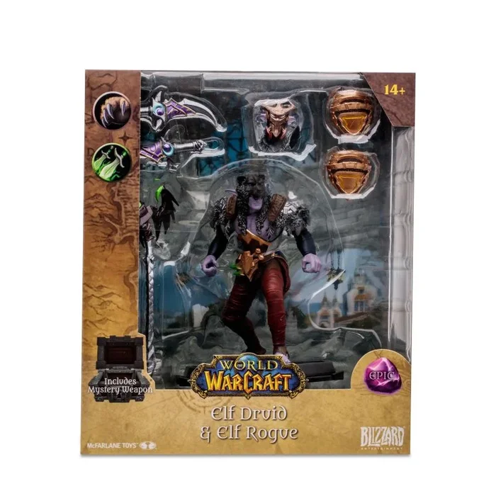 McFarlane World Of Warcraft Collection, Escultura de Elfo Epico Druida y Rouge, Figura del Videojuego 15cm con accesorios y un arma de juguete secreta, para coleccionistas, 14 años, Bizak (64386686)
