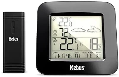 MEBUS Funk-Wetterstation mit Außensensor Thermometer Hygrometer Wettervorhersage Mondphasen Wettertrend, Alarm mit Weckwiederholung, Kalender/Material: Kunststoff/Farbe: Schwarz/Modell: 40715