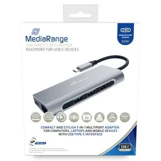 Mediarange hub usb type-c a 7 multipuertos 2xusb 3.2, 1xhdmi, 1xrj45, 1xsdcard, 1xusb type-c