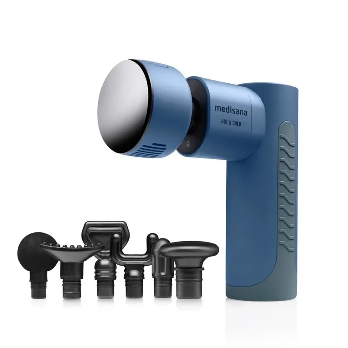 medisana MG 600 Pistola de Masaje, Dispositivo de Masaje Eléctrico, Recuperación y Relajación Muscular, Función de Calor y Frío, Incluye 7 Accesorios de Masaje y 3 Niveles de Vibración