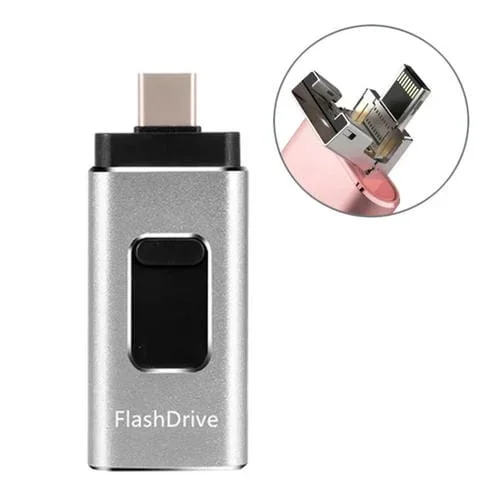 Memoria USB 3.0 Sh02 16Gb 4 en 1 con 8 Pin, Micro USB, Tipo-C y Función OTG (Plata)