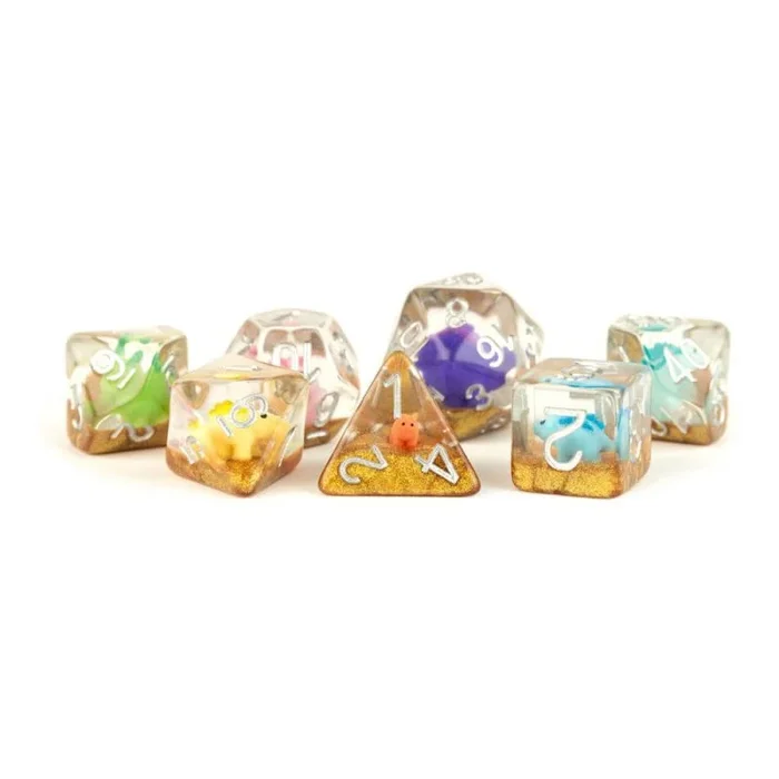 Metallic Dice Games Poly Set Dinosaurio w/Plata (7)