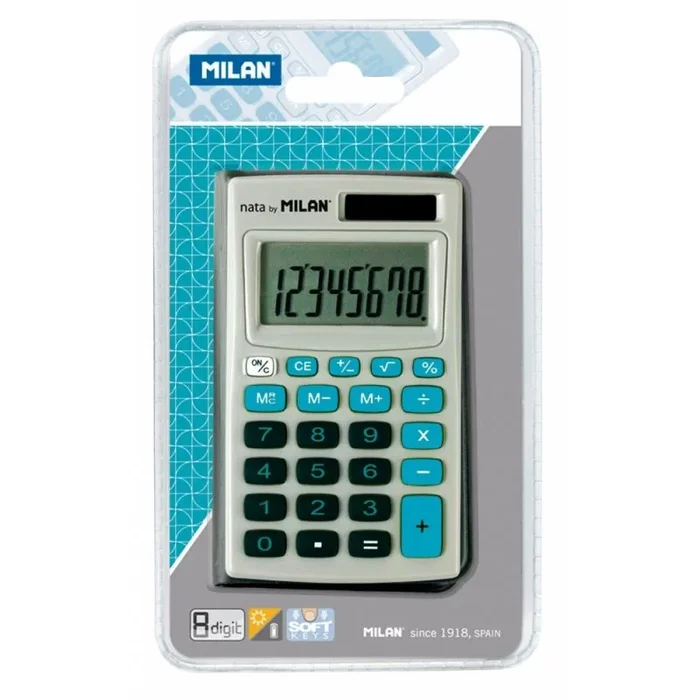 Milan calculadora de bolsillo 8 digitos – 3 teclas de memoria y raiz cuadrada – apagado automatico – incluye funda – color gris y azul