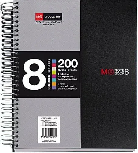 Miquelrius – Cuaderno A5 Notebook The Original, 8 franjas de colores, Cubierta polipropileno opaco, Tamaño A5 (148 x 210 mm), 2 Taladros, 200 Hojas de 70 g/m², Cuadrícula de 5 mm, Color Negro