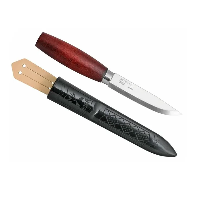 Morakniv STE-13605 Cuchillo clásico Número 3 con hoja lisa de alto contenido en carbono, de 13.5 cm de largo, mango de madera abedul teñido de rojo y funda de polímero de color negra