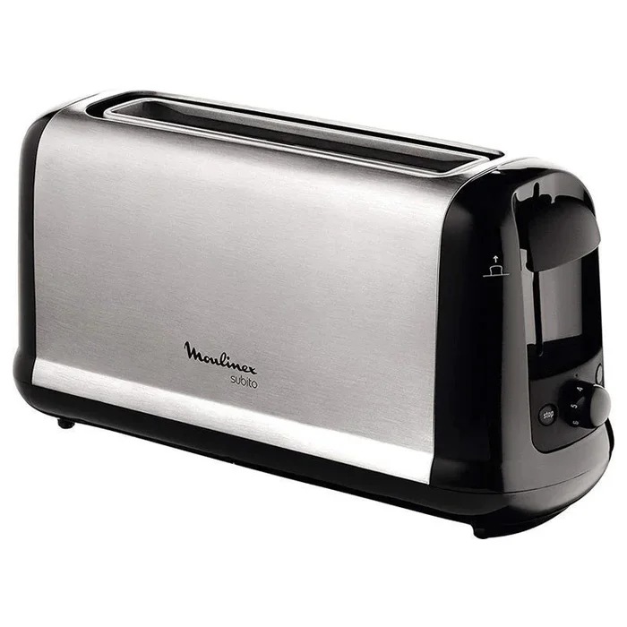 Moulinex Subito LS2608 – Tostadora 1 ranura extragrande, 1000 W, 7 ajustes/tiempo de tostado, función Stop, bandeja recoge-migas, 2 funciones descongelar y recalentar, Negro/Acero Inoxidable